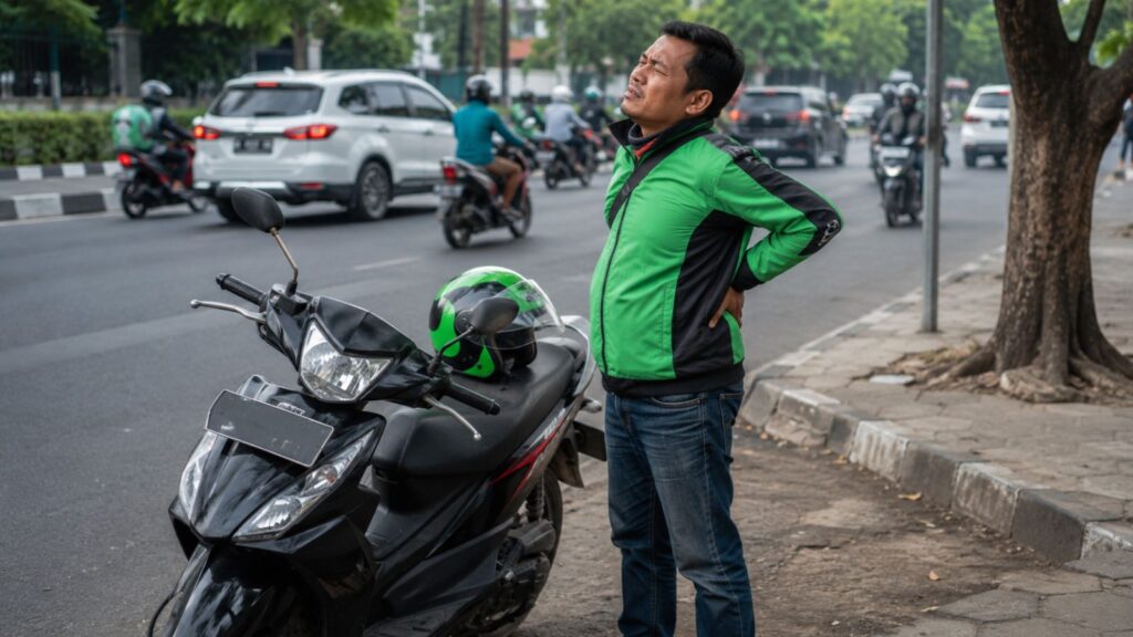 Driver ojek online beristirahat sejenak karena pinggang pegal setelah berkendara lama